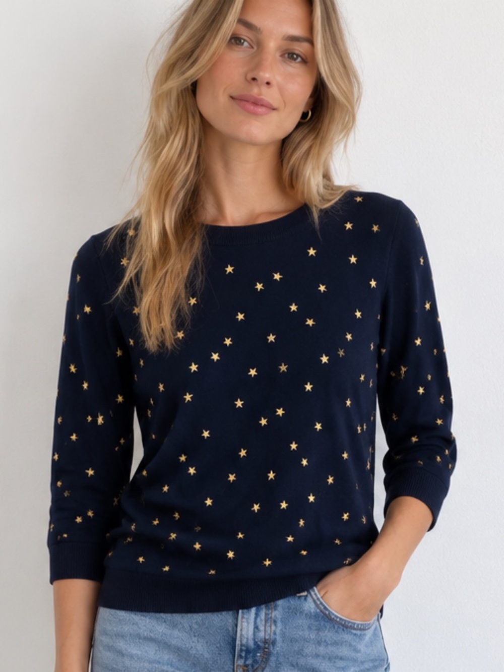 J.Crew 100% Merino Wool Gold Star Sweater Navy Size S